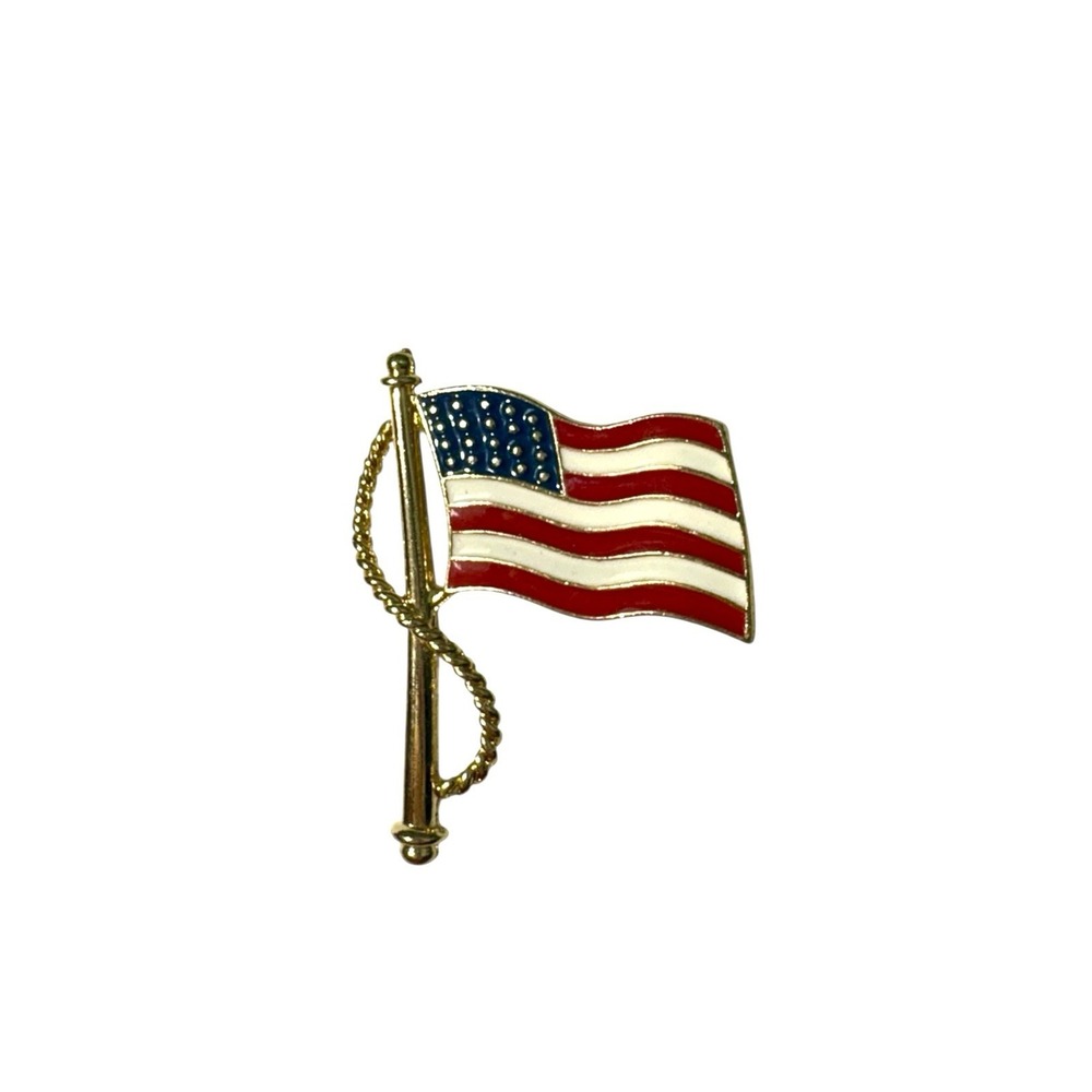 Vintage Gold Tone Enamel Waving Red White Blue USA American Flag Brooch Pin